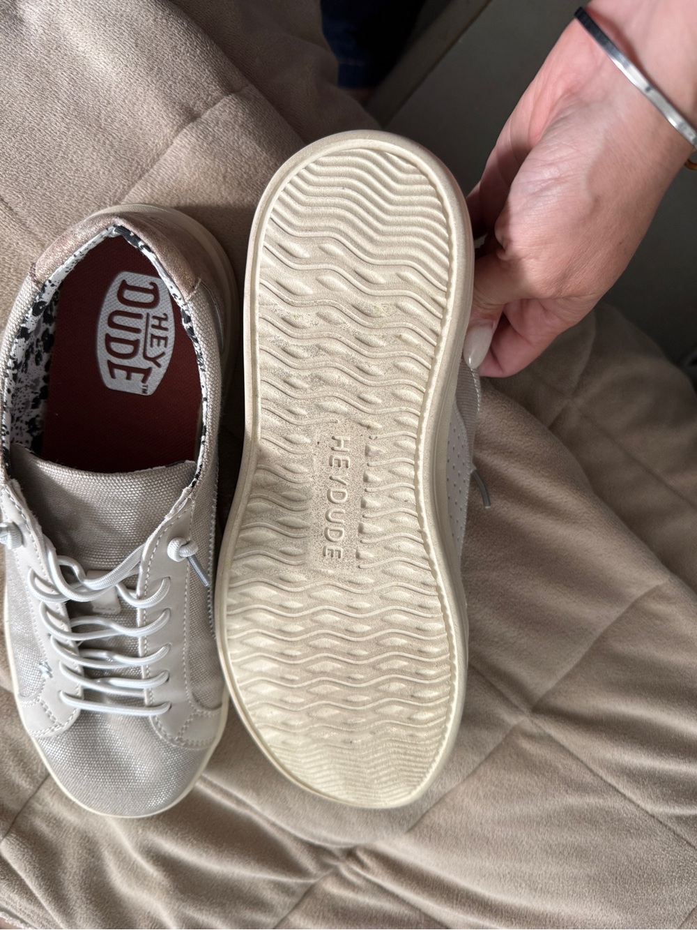 Hey Dude Katrina Shimmer Platinum Women's Cream Lace-Up Athletic Sneakers - Picture 3 of 5